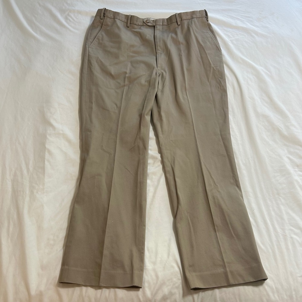 Berle Khaki Flat Front Dress Slacks Straight Leg Twill‎ Trousers Tan Mens 42L